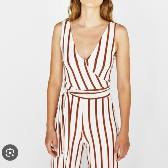 Bershka Anthropologie Jumpsuit Brown White Stripe Convertible Belted Cropped Leg - Picture 13 of 16